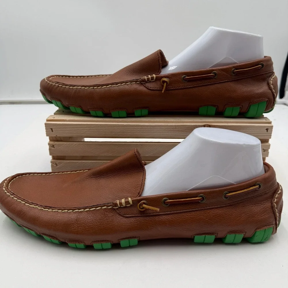 Men's Brown Leather Driving Moccasins with Green Outsole